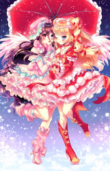 Rule 34 | 2girls, absurdres, angel wings, bell, blue eyes, blush, bow, brown hair, christmas, commentary, hair bell, hair between eyes, hair bow, hair ornament, hair ribbon, heterochromia, high heels, highres, holding, holding umbrella, huge filesize, linnea kataja, long hair, magical girl, multiple girls, one eye closed, open mouth, original, parasol, pink bow, red bow, red eyes, ribbon, smile, snow, standing, standing on one leg, symbol-only commentary, two side up, umbrella, wings, yellow bow