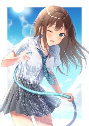 Rule 34 | 1girl, anoa, aqua eyes, black skirt, blue sky, blush, brown hair, cloud, commentary request, day, green necktie, hose, idolmaster, idolmaster cinderella girls, jewelry, long hair, looking at viewer, necklace, necktie, one eye closed, open mouth, pleated skirt, shibuya rin, skirt, sky, solo, striped necktie, striped neckwear, sun, sun light, water