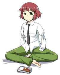 Rule 34 | 10s, amputee, aoinu, armless amputee, barefoot, bento, double amputee, green eyes, katawa shoujo, mouth hold, necktie, red hair, skirt, solo, tezuka rin