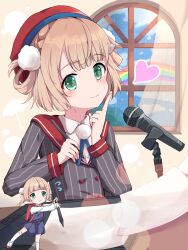 absurdres beret blonde_hair green_eyes hat highres indie_virtual_youtuber long_sleeves looking_at_viewer microphone multiple_girls official_art shigure_ui shigure_ui_(vtuber) shigure_ui_(vtuber)_(young) short_hair smile solo virtual_youtuber