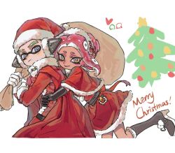 Rule 34 | 1boy, 1girl, agent 3 (splatoon), agent 8 (splatoon), black gloves, blue eyes, bright pupils, cape, capelet, chinese commentary, christmas, christmas tree, closed mouth, dress, elbow gloves, film grain, frown, fur-trimmed capelet, fur-trimmed dress, fur-trimmed footwear, fur-trimmed headwear, fur-trimmed sleeves, fur collar, fur trim, gloves, green hair, headgear, highres, holding, holding sack, hug, hug from behind, inkling, inkling boy, inkling player character, long sleeves, medium hair, nintendo, octoling, octoling girl, octoling player character, over shoulder, red cape, red dress, red hair, red headwear, sack, santa costume, santa dress, short hair, smile, splatoon (series), suction cups, tentacle hair, thenintlichen96, white gloves, white pupils, yellow eyes