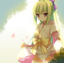Rule 34 | 1girl, backlighting, bloom, blunt bangs, blunt ends, bow, bug, butterfly, cariboy, chinese commentary, clothes lift, commentary request, day, eyelashes, green hair, hair bow, hime cut, insect, japanese clothes, kimono, lifted by self, long hair, long sleeves, looking at animal, murasame (senren), official alternate costume, official alternate hairstyle, outdoors, panties, parted lips, pink butterfly, pink skirt, pink sleeves, ponytail, purple bow, red eyes, senren banka, short sleeves, sidelocks, simple background, skirt, skirt lift, solo, straight hair, underwear, very long hair, white kimono, white panties, yellow background, yellow bow