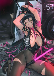 Rule 34 | 1girl, armpits, arms up, bare shoulders, bikini, black bikini, black gloves, black hair, black hat, blush, bodystocking, breasts, car, cleavage, covered navel, cuffs, facial mark, fate/grand order, fate (series), fingerless gloves, forehead mark, gloves, halterneck, handcuffs, hat, high heels, highres, large breasts, legs, long hair, looking at viewer, mhk (mechamania), motor vehicle, multicolored hair, necktie, pantyhose, parted bangs, pink hair, pink neckwear, police car, police hat, ponytail, sessyoin kiara, sessyoin kiara (swimsuit mooncancer), sessyoin kiara (swimsuit mooncancer) (second ascension), strappy heels, streaked hair, swimsuit, thighs, traffic baton, very long hair, yellow eyes