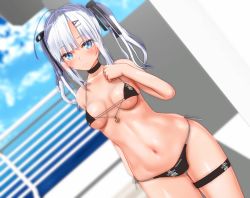Rule 34 | 1girl, 3d, ahoge, anchor, arm behind back, bikini, black bikini, black choker, black ribbon, blue sky, blurry, blurry background, blush, breasts, choker, clenched hand, closed mouth, clothes writing, cloud, cloudy sky, commentary request, cowboy shot, custom maid 3d 2, day, depth of field, dutch angle, hair ornament, hair ribbon, hairclip, hand on own chest, light frown, logo, looking at viewer, medium hair, minamo rm, navel, original, outdoors, print bikini, ribbon, side-tie bikini bottom, silver hair, skindentation, sky, small breasts, solo, standing, swimsuit, thigh strap, thighs, twintails