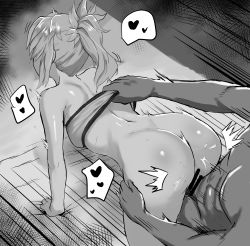 Rule 34 | 1boy, 1girl, absurdres, all fours, ass, back, bandeau, bar censor, bare shoulders, bed, bottomless, censored, clothes grab, doggystyle, fate/grand order, fate (series), greyscale, heart, hetero, highres, kiru (bsesso), monochrome, mordred (fate), mordred (fate/apocrypha), on bed, penis, sex, sex from behind, solo focus, speed lines, sweat, thigh grab, vaginal