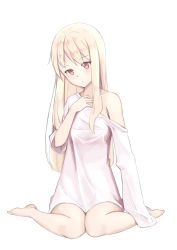 Rule 34 | 1girl, bad id, bad pixiv id, bare shoulders, barefoot, blonde hair, closed mouth, collarbone, commentary request, head tilt, highres, jilu, long sleeves, looking at viewer, no pants, off shoulder, oversized clothes, oversized shirt, red eyes, sakura-sou no pet na kanojo, shiina mashiro, shirt, simple background, sitting, sleeves past fingers, sleeves past wrists, solo, wariza, white background, white shirt