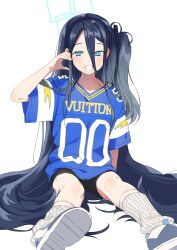 Rule 34 | 1girl, absurdly long hair, absurdres, aris (blue archive), bike shorts, black hair, black shorts, blue archive, blue eyes, blue footwear, blue shirt, blush, commentary, hairband, halo, hand up, highres, jersey, kuri a, long hair, looking at viewer, loose socks, louis vuitton (brand), open mouth, shirt, shoes, short sleeves, shorts, side ponytail, simple background, sitting, smile, sneakers, socks, solo, very long hair, white background, white socks