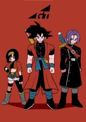Rule 34 | 1girl, 2boys, absurdres, arms at sides, black hair, boots, crop top, cropped jacket, dragon ball, dragon ball gt, dragon ball heroes, hairband, hand on own hip, highres, kodama (marugoto omikan), multiple boys, official alternate costume, pan (dragon ball), purple hair, red background, short hair, short shorts, shorts, son goku, staff, standing, sword, trunks (dragon ball), trunks (future) (dragon ball), weapon, weapon on back, wristband