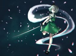 Rule 34 | 1girl, absurdres, artist name, ascot, black footwear, bob cut, chromatic aberration, collared shirt, electricity, frilled skirt, frilled socks, frills, green eyes, green skirt, green vest, hairband, highres, holding, holding sword, holding weapon, katana, konpaku youmu, konpaku youmu (ghost), light, looking at viewer, mary janes, migime no yuugure, no mouth, open clothes, open vest, petals, puffy short sleeves, puffy sleeves, running, shirt, shoes, short sleeves, signature, silver hair, skirt, socks, solo, sword, touhou, vest, weapon, white shirt, white socks