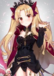 Rule 34 | 1girl, blonde hair, blush, breasts, cape, closed mouth, commentary request, crown, diadem, earrings, ereshkigal (fate), fate/grand order, fate (series), hair between eyes, hair ornament, hair ribbon, hand in own hair, head tilt, holding, holding weapon, jewelry, long hair, looking at viewer, medium breasts, red cape, red eyes, ribbon, shirako miso, skull, solo, tohsaka rin, twintails, two side up, weapon
