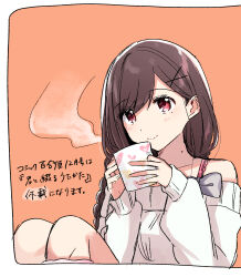 Rule 34 | 1girl, asaka kaori, bare shoulders, blush, border, bra strap, braid, brown hair, closed mouth, commentary request, cup, hair ornament, hairclip, highres, holding, holding cup, kimi to tsuzuru utakata, long hair, long sleeves, looking at viewer, mole, mole on neck, mole under eye, mug, off-shoulder sweater, off shoulder, orange background, red eyes, sitting, solo, steam, sweater, translation request, white border, white sweater, yuama (drop)
