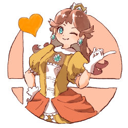 Rule 34 | 1girl, ;), blue eyes, brooch, brown hair, dress, earrings, flipped hair, flower earrings, gloves, grin, hand on own hip, hand up, heart, index finger raised, jewelry, long hair, looking at viewer, mario (series), nintendo, nishikuromori, one eye closed, orange dress, princess, princess daisy, puffy short sleeves, puffy sleeves, short sleeves, simple background, smash ball, smile, solo, super mario land, super smash bros., super smash bros. logo, white background, white gloves, wink