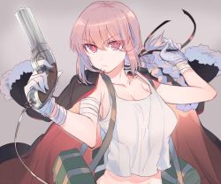 Rule 34 | 1girl, bag, bandaged arm, bandages, braid, breasts, bright pupils, cleavage, collarbone, cow (shadow), fate/grand order, fate (series), florence nightingale (fate), fur trim, glint, gloves, gun, hair ribbon, handgun, jacket, jacket on shoulders, large breasts, long hair, midriff, pink eyes, pink hair, ribbon, shoulder bag, simple background, single braid, solo, strap slip, tank top, weapon, white gloves, white pupils