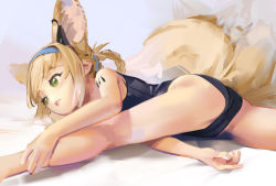 Rule 34 | 1girl, animal ears, arknights, black one-piece swimsuit, blonde hair, blue hairband, blush, braid, braided hair rings, commentary request, female focus, fox ears, fox tail, green eyes, hair rings, hairband, headset, highres, kneepits, long hair, looking away, looking to the side, lying, material growth, multiple tails, on stomach, one-piece swimsuit, oripathy lesion (arknights), painterly, parted lips, school swimsuit, solo, split, spread legs, straddle split, suzuran (arknights), sweetonedollar, swimsuit, tail, white background, white hair, wide spread legs