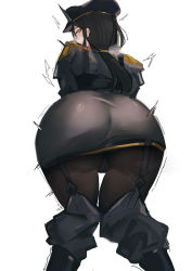 Rule 34 | 1girl, absurdres, arknights, ass, black footwear, black hair, black hat, black legwear, boots, dobermann (arknights), dobermann (lieutenant) (arknights), dress, fanshu, feet out of frame, from behind, grey dress, grey jacket, grey skirt, hat, highres, jacket, lips, looking at viewer, looking back, military, military uniform, official alternate costume, peaked cap, ponytail, short hair, sidelocks, simple background, skirt, solo, steam, trembling, uniform, white background, yellow eyes