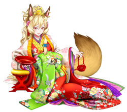 Rule 34 | 1girl, :q, animal ears, artist request, blonde hair, carrying, character request, floral print, fox ears, fox girl, fox tail, furisode, hair ornament, hair over shoulder, hairpin, high ponytail, japanese clothes, kimono, long hair, long sleeves, official art, red eyes, solo, tail, teapot, tongue, tongue out, wide sleeves, youkai hyakki-tan!