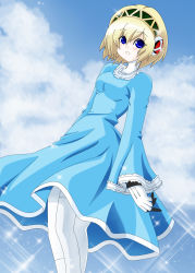 Rule 34 | 1girl, aegis (persona), android, atlus, bad id, bad pixiv id, blonde hair, blue eyes, cloud, day, dress, highres, ines pramesti, ocean, outdoors, persona, persona 3, short hair, sky, solo, sparkle