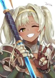 Rule 34 | 1girl, alternate color, alternate eye color, alternate hair color, alternate skin color, blush, braid, breasts, cleavage, cleavage cutout, clothing cutout, granblue fantasy, granblue fantasy versus, grin, highres, holding, holding weapon, palette swap, polearm, smile, solo, spear, toruneko, twintails, v, weapon, zeta (granblue fantasy)