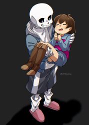 Rule 34 | 1boy, 1other, = =, absurdres, ahoge, androgynous, black background, black sclera, blue jacket, blue shorts, blue sweater, boots, brown footwear, brown hair, carrying, child, closed eyes, colored sclera, frisk (undertale), from above, full body, grey shorts, grin, hands up, highres, jacket, knee boots, leg warmers, long sleeves, open mouth, pink footwear, princess carry, sans (undertale), shirt, short hair, shorts, signature, simple background, skeleton, slippers, smile, sonokare, sweater, twitter username, undertale, white shirt