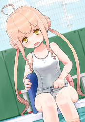Rule 34 | 10s, 1girl, bad id, bad pixiv id, gymno, kantai collection, kickboard, long hair, makigumo (kancolle), one-piece swimsuit, open mouth, pink hair, pool, school swimsuit, solo, swimsuit, tears, water, white school swimsuit, white one-piece swimsuit, yellow eyes