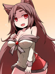 Rule 34 | 1girl, animal ears, bad id, bad pixiv id, bare shoulders, breasts, brown hair, cleavage, covered erect nipples, fang, hakika, imaizumi kagerou, large breasts, long hair, open mouth, red eyes, solo, touhou, very long hair, wolf ears