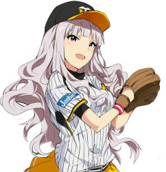 Rule 34 | 1girl, :d, alternate costume, baseball cap, baseball glove, baseball uniform, blunt bangs, commentary request, grey hair, hanshin tigers, hat, idolmaster, idolmaster (classic), long hair, looking at viewer, nippon professional baseball, open mouth, pink eyes, shijou takane, shirt, short sleeves, simple background, skirt, smile, solo, sportswear, striped clothes, striped shirt, tuxedo de cat, upper body, vertical-striped clothes, vertical-striped shirt, white background, wristband, yellow skirt