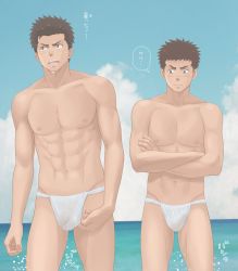 Rule 34 | 2boys, abs, adjusting fundoshi, blue sky, brown eyes, brown hair, bulge, cloud, crossed arms, day, fundoshi, japanese clothes, looking at another, looking down, looking to the side, male focus, male underwear, multiple boys, muscle envy, nipples, ocean, open mouth, original, siroki, sky, white male underwear