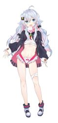 Rule 34 | 1girl, ahoge, bandaged leg, bandages, bell, black bow, blue eyes, blush, bow, braid, fang, fang out, flat chest, frills, full body, grey hair, highres, jacket, long hair, looking at viewer, microskirt, nana kagura, navel, open clothes, open jacket, open mouth, original, sarashi, shoes, simple background, skirt, smile, solo, standing, stomach, twin braids, very long hair, virtual youtuber, wavy hair, white background