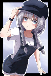 Rule 34 | 1girl, :/, alternate costume, black bow, black hat, black overalls, blue eyes, blush, bow, closed mouth, collarbone, commentary, cowboy shot, denim, fingernails, flat cap, grey hair, hair bow, hand on headwear, happy ginko, hat, highres, izayoi sakuya, long hair, looking at viewer, overalls, revision, shirt, solo, touhou, watch, white shirt, wristwatch