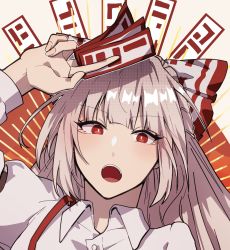 Rule 34 | 1girl, :o, arm garter, arm up, between fingers, blunt bangs, bow, buttons, collared shirt, commentary request, cropped torso, eyelashes, feet out of frame, fingernails, fujiwara no mokou, hair bow, highres, holding, long sleeves, ofuda, ofuda between fingers, open mouth, red bow, red eyes, shirt, sidelocks, silver hair, solo, somei ooo, sunburst, sunburst background, suspenders, teeth, tongue, touhou, two-tone bow, upper body, upper teeth only, white shirt, wing collar