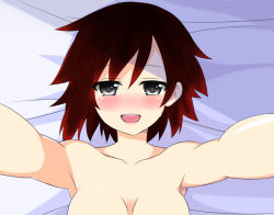 Rule 34 | 1girl, afterglow, alternate breast size, blush, breasts, looking at viewer, out-of-frame censoring, outstretched arms, red hair, ruby rose, rwby, shikniful, short hair, grey eyes, smile, solo, tears, topless