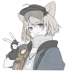 Rule 34 | 1girl, :d, almond (arknights), animal ears, arknights, arm at side, bandana around neck, black gloves, blue eyes, blue jacket, cat ears, cat girl, collared jacket, cropped torso, fingerless gloves, flat color, gloves, grey bandana, grey hair, grey shirt, grin, hand up, highres, id card, jacket, kyoro (kyoroillust), lanyard, long sleeves, looking at viewer, open mouth, shirt, short hair, sidelocks, simple background, smile, solo, teeth, v, visor cap, whistle, whistle around neck, white background