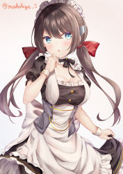 Rule 34 | 1girl, absurdres, apron, aqua eyes, azur lane, back bow, black hair, bow, breasts, cleavage, commentary request, frilled hairband, frills, glasgow (azur lane), hairband, highres, low twintails, maid, maid apron, maid headdress, makihige, medium breasts, neck garter, short sleeves, simple background, twintails, twitter username, two-tone dress, white apron, white background, wrist cuffs
