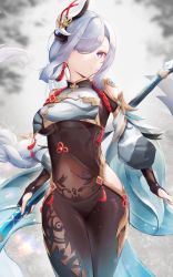 Rule 34 | 1girl, bare hips, black bodysuit, bodysuit, braid, breasts, closed mouth, covered navel, eyes visible through hair, floating hair, genshin impact, grey eyes, hair between eyes, hair over one eye, highres, holding, holding polearm, holding weapon, long hair, looking at viewer, low-braided long hair, low-tied long hair, masai no senshi, medium breasts, polearm, ponytail, shenhe (genshin impact), silver hair, solo, standing, swept bangs, very long hair, weapon
