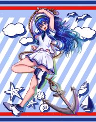Rule 34 | 1girl, alternate costume, anchor, blouse, blue eyes, blue hair, boat, cloud, fire emblem, fire emblem awakening, full body, hair between eyes, hat, holding, holding rope, long hair, looking at viewer, lucina (fire emblem), nintendo, open mouth, roman s, rope, sailboat, sailor, sailor hat, shell, shirt, skirt, solo, starfish, teeth, upper teeth only, watercraft, white footwear, white shirt, white skirt
