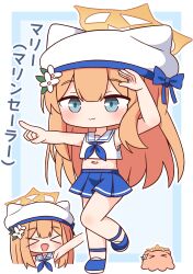 &gt;_&lt; 1girl :3 :d animal_ears animal_hat arm_up bare_arms bare_shoulders beret blue_archive blue_background blue_border blue_eyes blue_footwear blue_neckerchief blue_skirt blush border chibi closed_eyes closed_mouth commentary_request crop_top fake_animal_ears flower hair_flower hair_ornament halo hana_kazari hat highres long_hair mari_(blue_archive) midriff multiple_views navel neckerchief open_mouth orange_hair outline partial_commentary pleated_skirt revision sailor_collar shirt shoes skirt sleeveless sleeveless_shirt smile standing standing_on_one_leg translated very_long_hair white_flower white_hat white_outline white_sailor_collar white_shirt xd