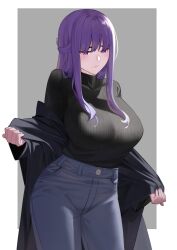 Rule 34 | 1girl, black coat, black sweater, blush, border, breasts, casual, closed mouth, coat, covered collarbone, cowboy shot, fern (sousou no frieren), grey pants, highres, large breasts, long hair, long sleeves, looking down, nonh (wormoftank), open clothes, open coat, outside border, pants, purple eyes, purple hair, sidelocks, solo, sousou no frieren, sweater, undressing, white border