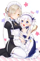 Rule 34 | 2girls, ?, animal, apron, azur lane, bare shoulders, belfast (azur lane), bird, black dress, blue dress, blue eyes, blush, braid, chain, chick, closed mouth, collarbone, commentary request, cross, dress, elbow gloves, eye contact, eyes visible through hair, frilled apron, frilled dress, frills, gloves, hair brush, hair over one eye, hand on another&#039;s arm, holding, holding brush, juliet sleeves, latin cross, light brown hair, little bel (azur lane), long hair, long sleeves, looking at another, maid headdress, mugi (iccomae), multiple girls, notice lines, one side up, open mouth, puffy sleeves, round teeth, seiza, sheffield (azur lane), sidelocks, silver hair, sitting, sleeveless, sleeveless dress, strap slip, teeth, thighhighs, upper teeth only, waist apron, white apron, white gloves, white legwear, yellow eyes