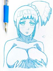Rule 34 | bare shoulders, breasts, closed mouth, collarbone, colored pencil (medium), drycelll, hands on own breasts, hands on own chest, holding, hyuuga hinata, large breasts, monochrome, naruto, naruto (series), naruto shippuuden, ponytail, scrunchie, short hair, side ponytail, traditional media