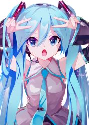 Rule 34 | 1girl, :o, armpits, arms up, black sleeves, blue eyes, blue hair, blue necktie, commentary request, detached sleeves, double v, grey shirt, hair between eyes, hatsune miku, headset, highres, long hair, long sleeves, necktie, open mouth, shirt, signature, solo, takepon1123, twintails, upper body, v, very long hair, vocaloid
