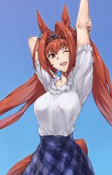 Rule 34 | 1girl, animal ears, arms up, blue background, blue skirt, breasts, daiwa scarlet (umamusume), fang, gradient background, hair intakes, horse ears, horse girl, horse tail, large breasts, long hair, one eye closed, open mouth, plaid, plaid skirt, red eyes, red hair, shirt, short sleeves, simple background, skirt, solo, tail, tiara, tsukira (amayadori), twintails, umamusume, very long hair, white shirt