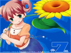 Rule 34 | 1girl, :q, calendar, flower, green eyes, highres, july, midriff, nekoume, original, parthenon (company), pink hair, short hair, short twintails, skirt, solo, standing, striped legwear, sunflower, tongue, tongue out, twintails