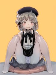 Rule 34 | 1girl, black ribbon, blush, bow (bhp), brown eyes, closed mouth, commentary request, crotch seam, embarrassed, fang, fang out, grey skirt, hair ribbon, hat, hatoba tsugu, looking at viewer, mole, mole under eye, neck ribbon, no shoes, orange background, panties, panties under pantyhose, pantyhose, ribbon, shirt, short hair, silver hair, simple background, sitting, skirt, solo, spread legs, striped clothes, striped panties, suspenders, underwear, virtual youtuber, white pantyhose, white shirt, wing collar