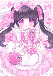 Rule 34 | 1girl, :o, apron, bag, black hair, blunt bangs, blush, bow, commentary request, dress, frilled apron, frilled dress, frills, hair bow, hands up, heart, heart-shaped bag, heart-shaped pupils, highres, himetsuki luna, holding, long hair, looking at viewer, original, parted lips, pink bow, pink dress, plaid, plaid background, pleated dress, puffy short sleeves, puffy sleeves, purple eyes, short sleeves, shoulder bag, signature, solo, symbol-shaped pupils, twintails, twitter username, very long hair, white apron, wrist cuffs