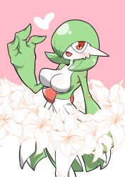 Rule 34 | 1girl, arm at side, blush, bob cut, breasts, colored skin, creatures (company), female focus, flower, game freak, gardevoir, gen 3 pokemon, green hair, green skin, hair over one eye, hand up, happy, heart, kazamidoririnn, lily (flower), looking at viewer, medium breasts, multicolored skin, navel, nintendo, no nipples, one eye covered, open mouth, personification, pink background, pokemon, pokemon (creature), red eyes, shiny skin, short hair, simple background, skirt, smile, solo, standing, two-tone background, two-tone skin, variant set, white flower, white skin, white skirt