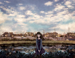 Rule 34 | 1girl, :o, black hair, blush, cityscape, cloud, dress, house, lights, long hair, looking away, original, pantyhose, power lines, reflection, scenery, skirt, sky, solo, standing, utility pole, v arms, water, yuuko (nora0x0)
