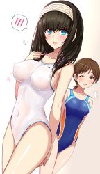Rule 34 | 10s, 2girls, black hair, blue eyes, blush, breasts, brown eyes, brown hair, cleavage, collarbone, competition swimsuit, covered erect nipples, covered navel, embarrassed, groin, hairband, hand on own ass, hand on own chest, idolmaster, idolmaster cinderella girls, idolmaster cinderella girls starlight stage, jewel (the black canvas), large breasts, long hair, medium breasts, multiple girls, nitta minami, one-piece swimsuit, one eye closed, open mouth, raised eyebrows, sagisawa fumika, see-through, shiny clothes, shiny skin, sideboob, skin tight, spoken blush, standing, swimsuit, wet, wet clothes, wet swimsuit, white one-piece swimsuit