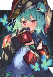Rule 34 | absurdres, banned artist, black headwear, black jacket, blue butterfly, blue dress, blue hair, bug, butterfly, cosplay, covering own mouth, dress, earrings, frilled shirt collar, frills, green hair, hair bun, hair ornament, hat, highres, hololive, houshou marine, houshou marine (cosplay), insect, jacket, jewelry, long sleeves, looking at viewer, multicolored hair, off shoulder, open clothes, open jacket, parsley-f, pirate hat, red eyes, scan, single hair bun, skull earrings, skull hair ornament, sleeves past fingers, sleeves past wrists, streaked hair, uruha rushia, virtual youtuber