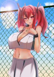 Rule 34 | 1girl, absurdres, azur lane, blue sky, blush, breasts, bremerton (azur lane), bremerton (scorching-hot training) (azur lane), chain-link fence, cloud, crop top, day, fence, fujikusa, gradient sky, hair between eyes, hair ornament, heart, heart necklace, highres, jewelry, large breasts, long hair, looking at viewer, midriff, multicolored hair, navel, navel piercing, necklace, piercing, pink eyes, pink hair, shirt, skirt, sky, sleeveless, sleeveless shirt, sportswear, streaked hair, sweatdrop, tennis uniform, twintails, two-tone shirt, two-tone skirt, x hair ornament