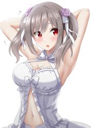Rule 34 | 1girl, :o, ?, armpits, arms behind head, arms up, bare arms, blush, breasts, center opening, cleavage, dress, frill trim, frills, grey hair, hair ornament, halter dress, halterneck, highres, idolmaster, idolmaster cinderella girls, kanzaki ranko, kibihimi, long hair, looking to the side, medium breasts, navel, open mouth, red eyes, simple background, skirt, sleeveless, sleeveless dress, solo, stomach, twintails, upper body, white background, white dress, white skirt